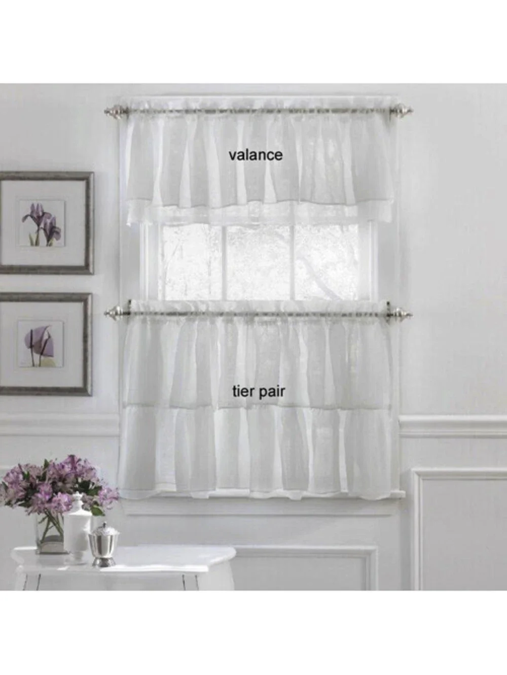NWT Gypsy Shabby Chic White Crinkle Voile Layered Ruffle Tier Curtain Pair 60x24